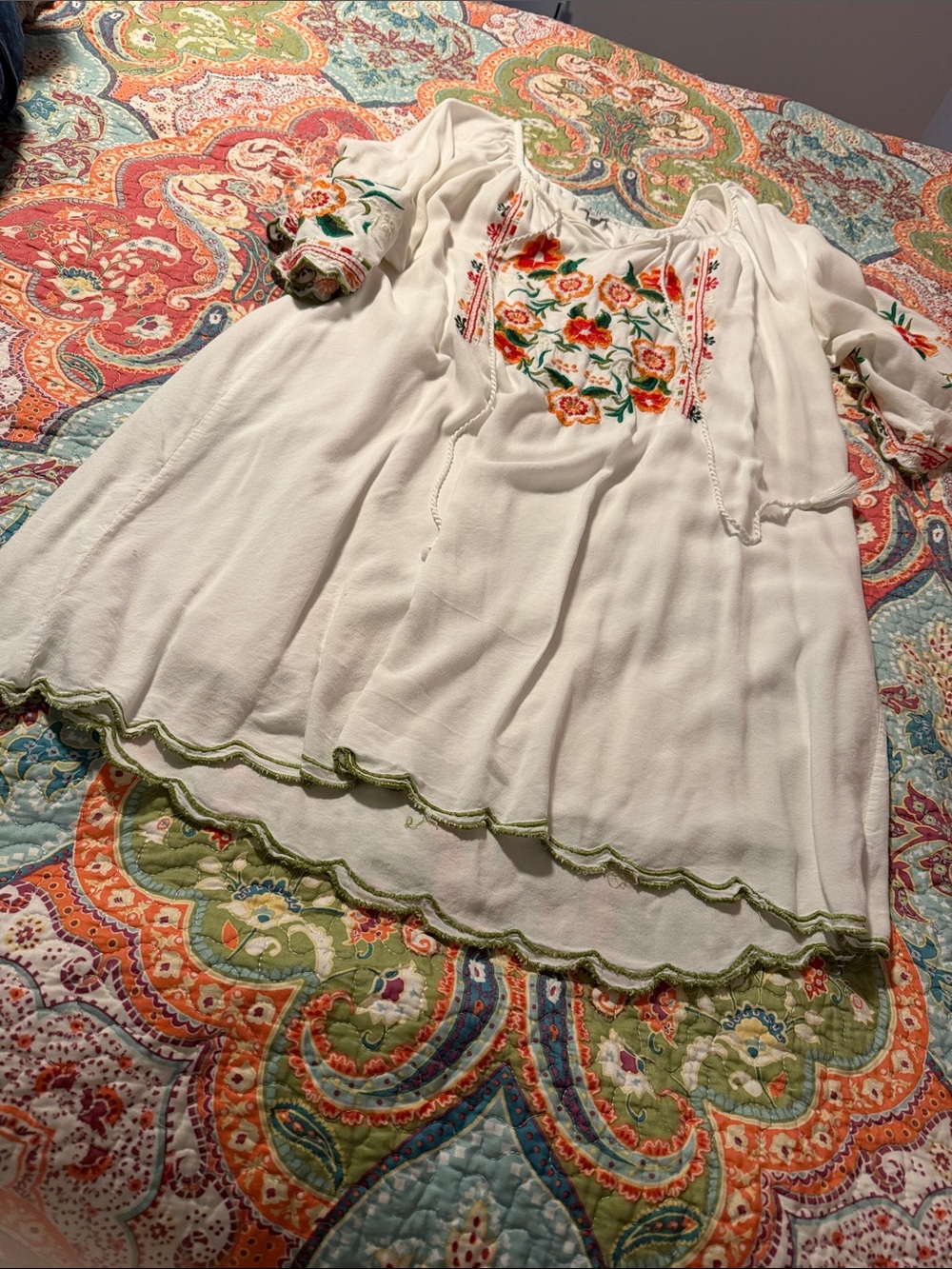 Embroidered Boho Peasant Dress with Floral Detail